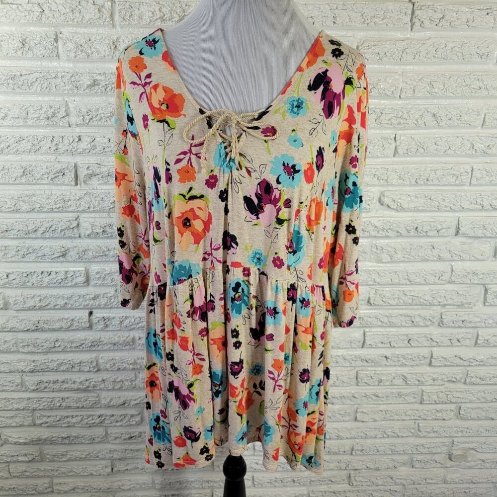 Terra & Sky 1X Plus Tunic Orange Blue Floral Lace Up 3/4 Sleeve Rayon FLO301E